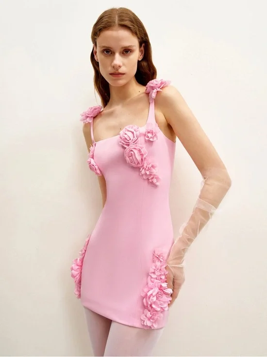 NWT JW Pei Elaina Pink Rosette Applique Mini Dress-Pink - Size 10 - Picture 2 of 12